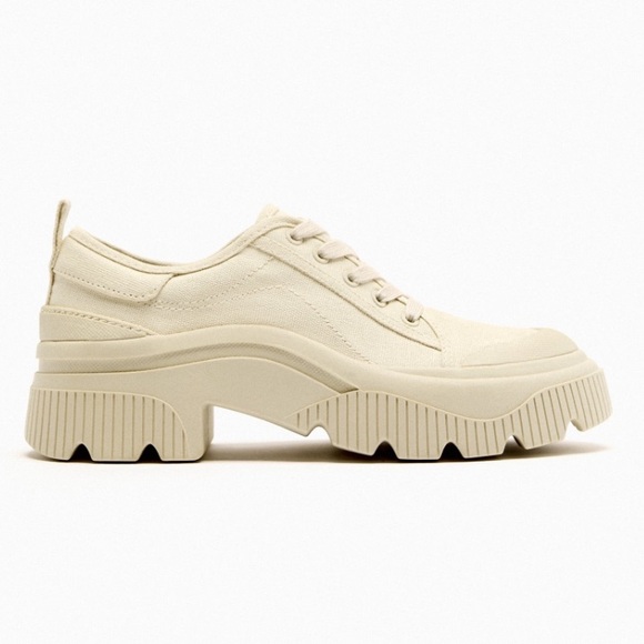 Zara Chunky Lug Sole Canvas Lace-up Shoes in Cream Size 36 - Picture 1 of 9